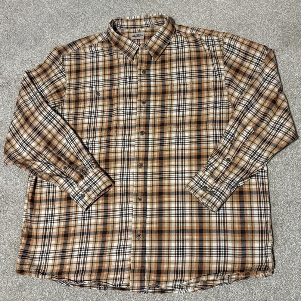 Vintage RedHead Mens Flannel Shirt Orange Tan Black Plaid Button Up, Sz 2XL